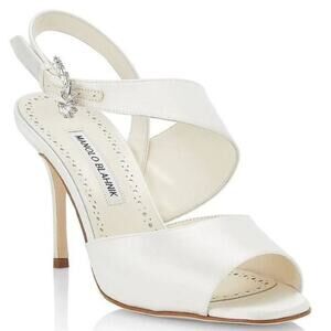 Manolo Blahnik White Satin Havelopa Crystal High Heel Sandal 40.5